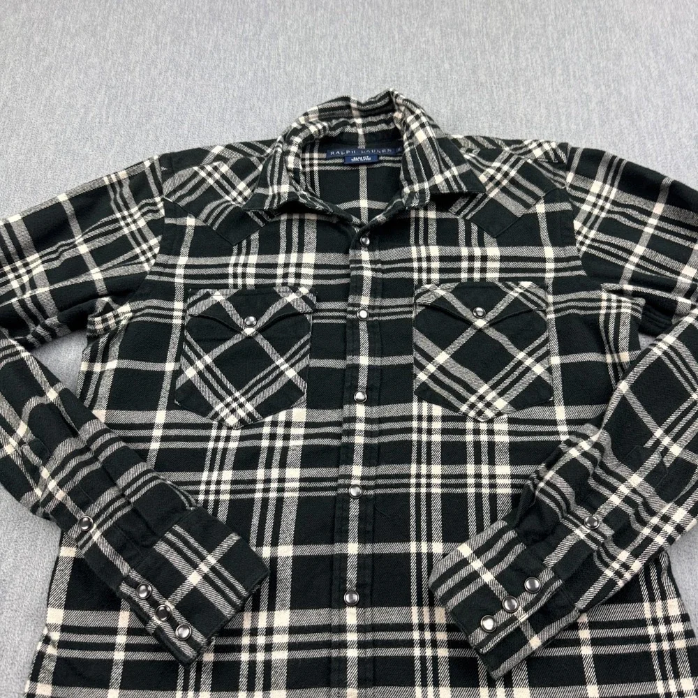 Ralph Lauren Shirt Womens 2 Black Plaid Snap Pearl Flannel Western Cowgirl Rodeo
